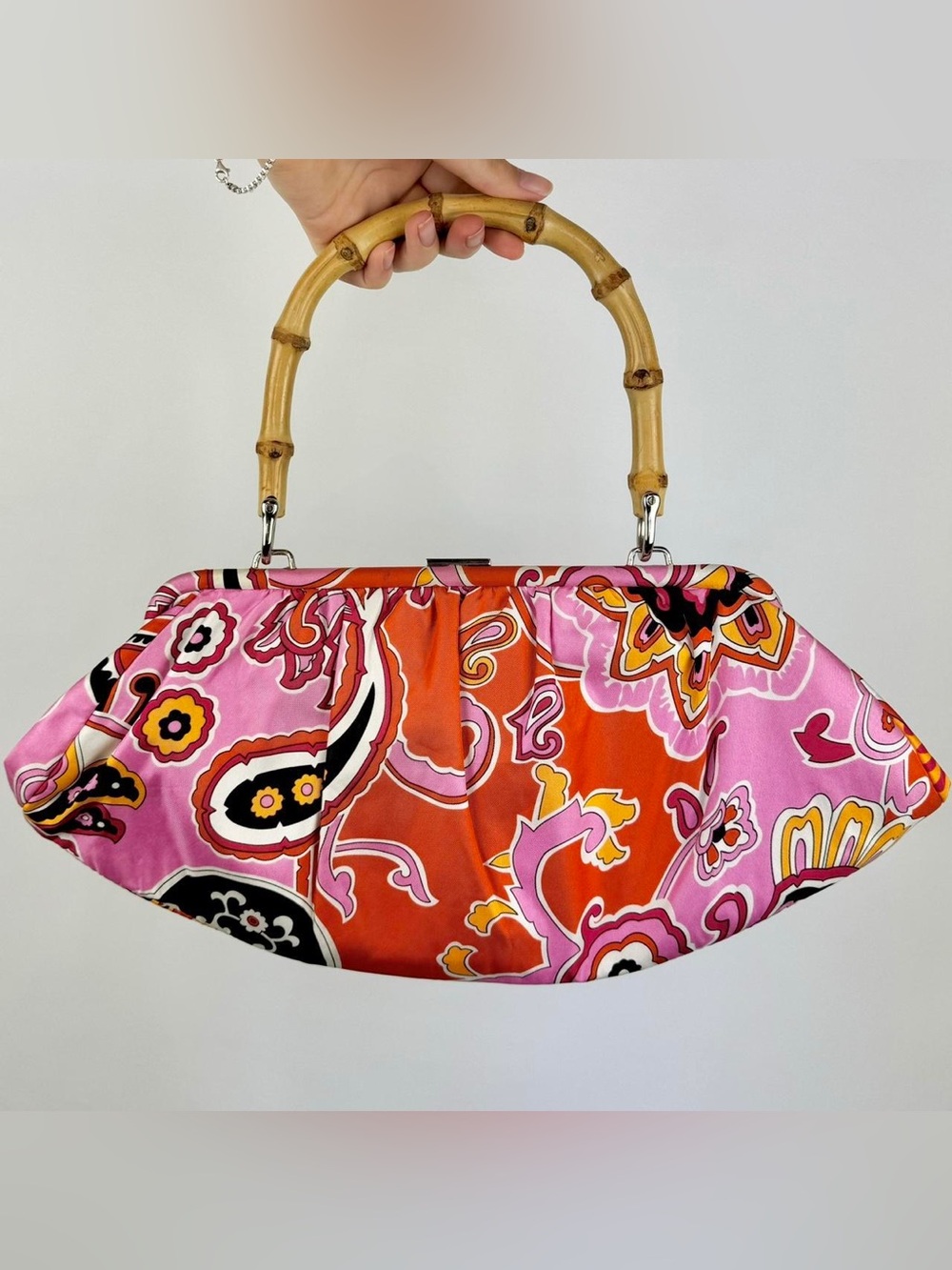 Banana Republic 100% Silk Bamboo Handle Purse Pink Orange Paisley Y2K